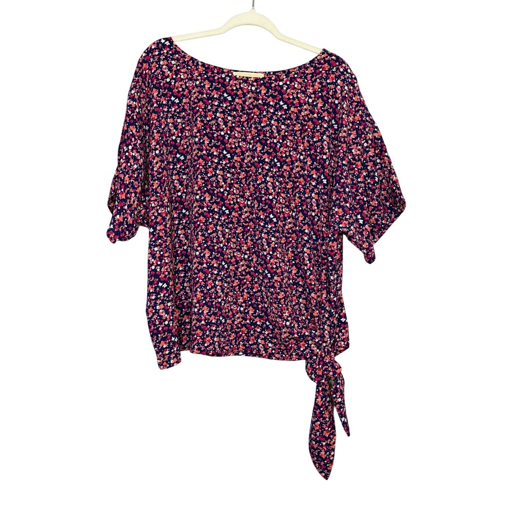 Michael Kors Womens XL Navy Pink Ditsy Floral‎ Side Tie Scoop Neck Blouse Top
